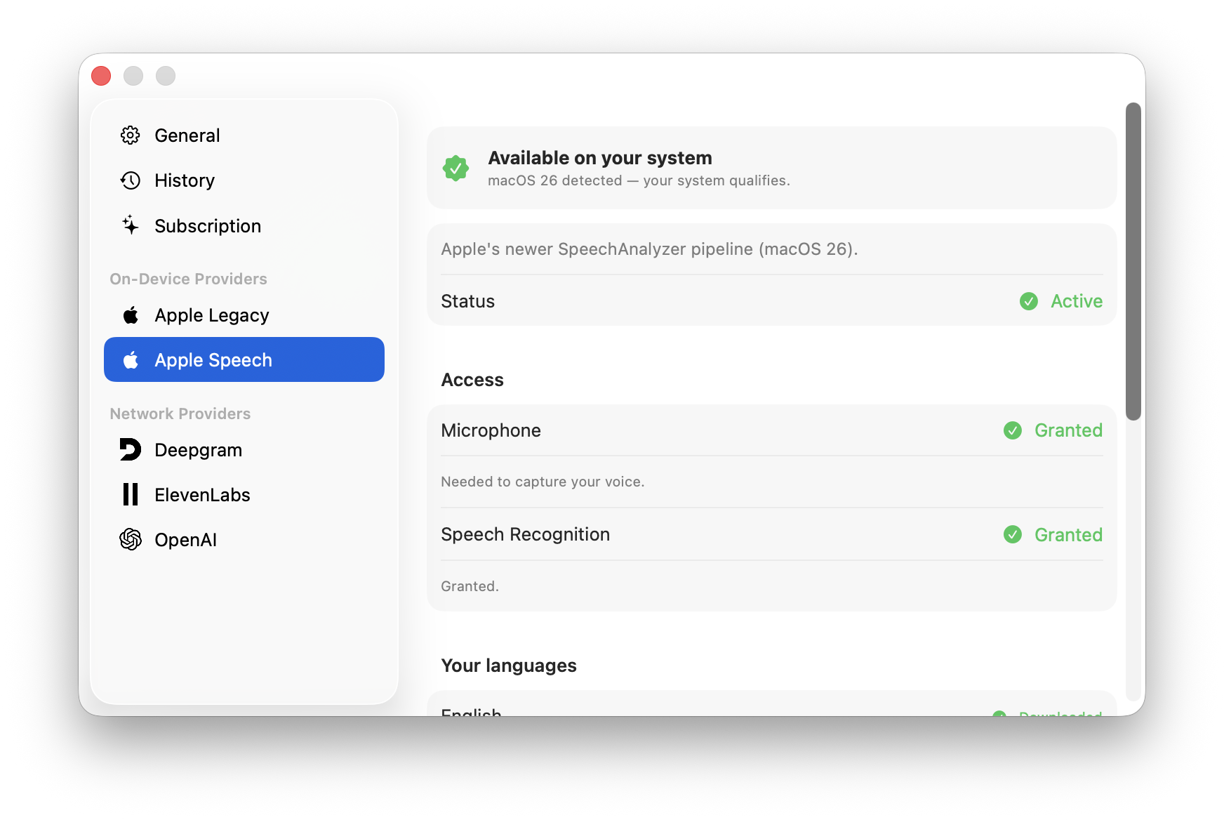 VTT using Apple's on-device SpeechAnalyzer on macOS 26 — audio stays on the Mac