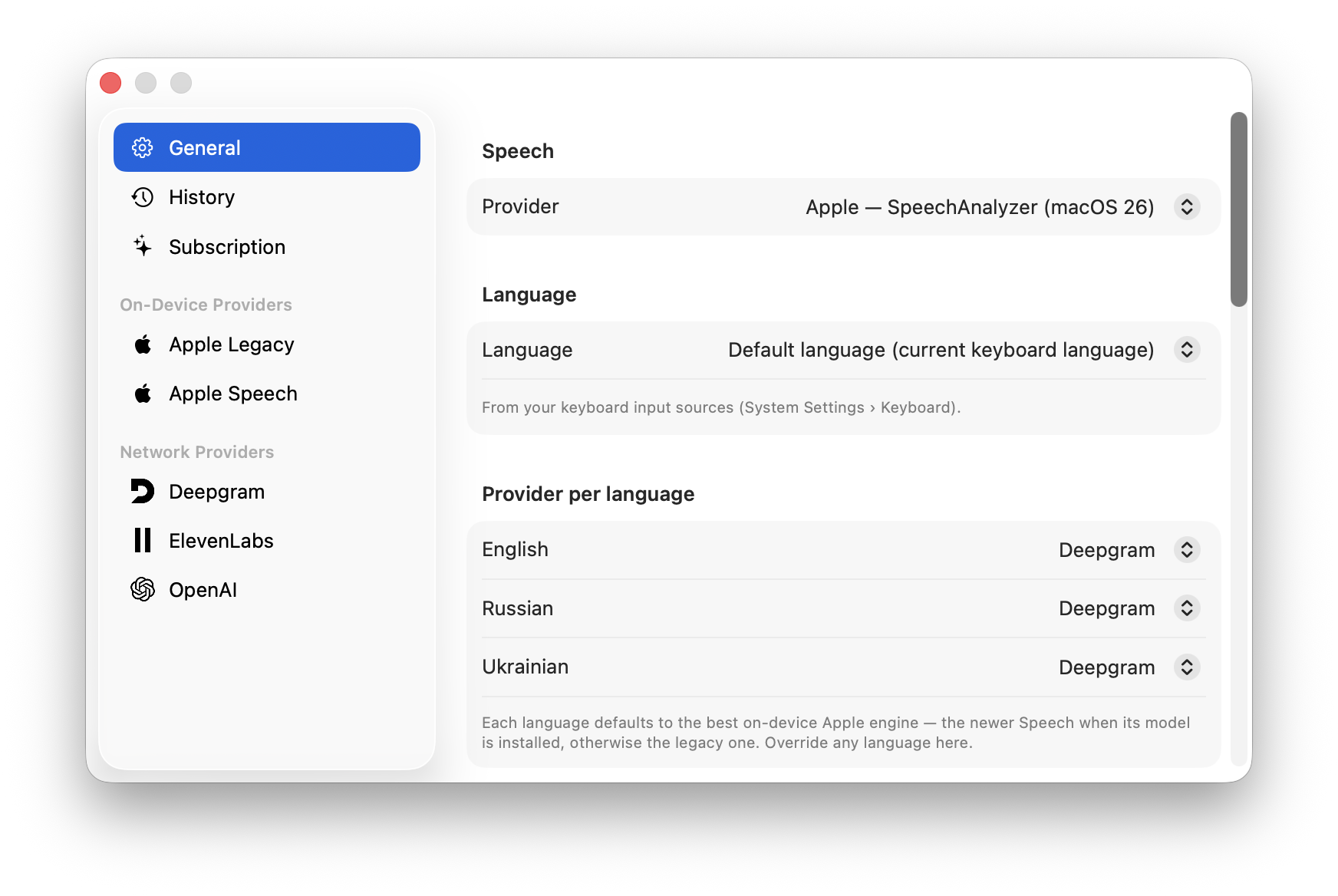 VTT native macOS settings window built in Swift and AppKit