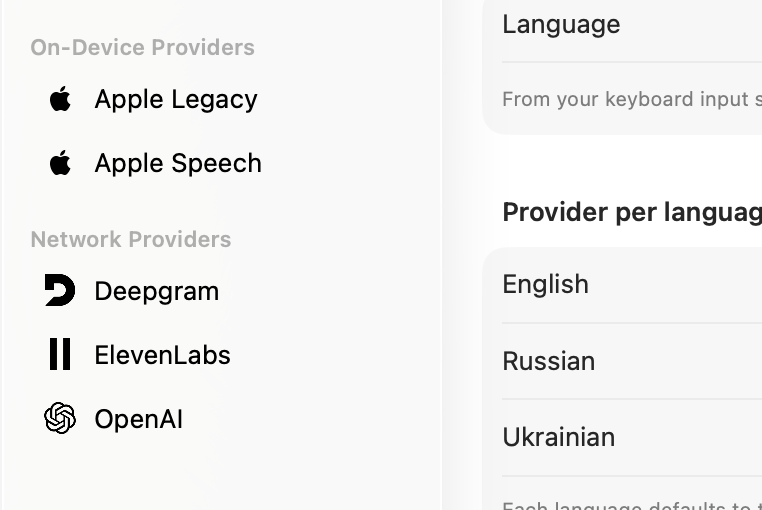 VTT speech providers — Deepgram, ElevenLabs and OpenAI cloud engines