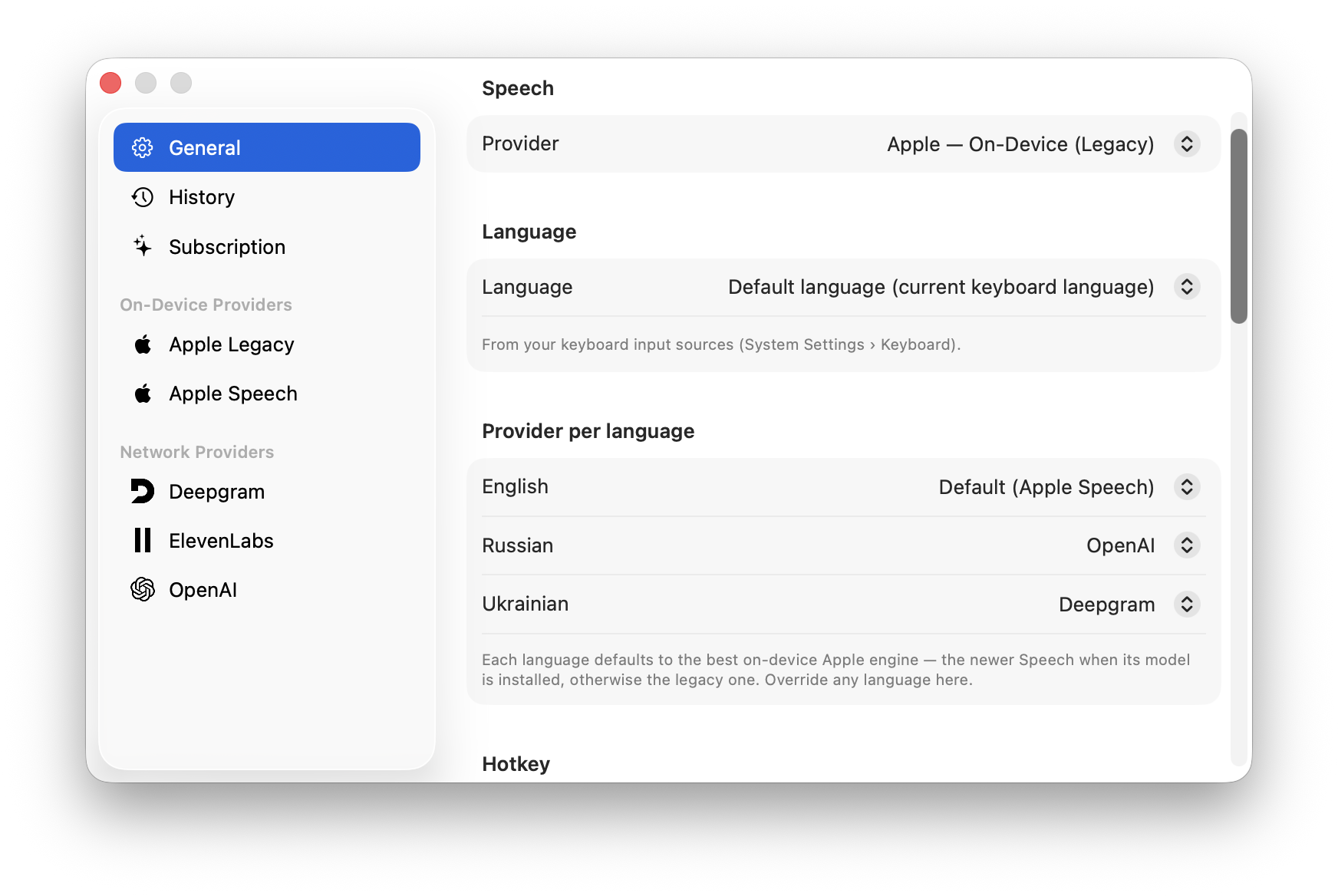 VTT settings routing each language to a different speech engine — Russian to OpenAI, Ukrainian to Deepgram
