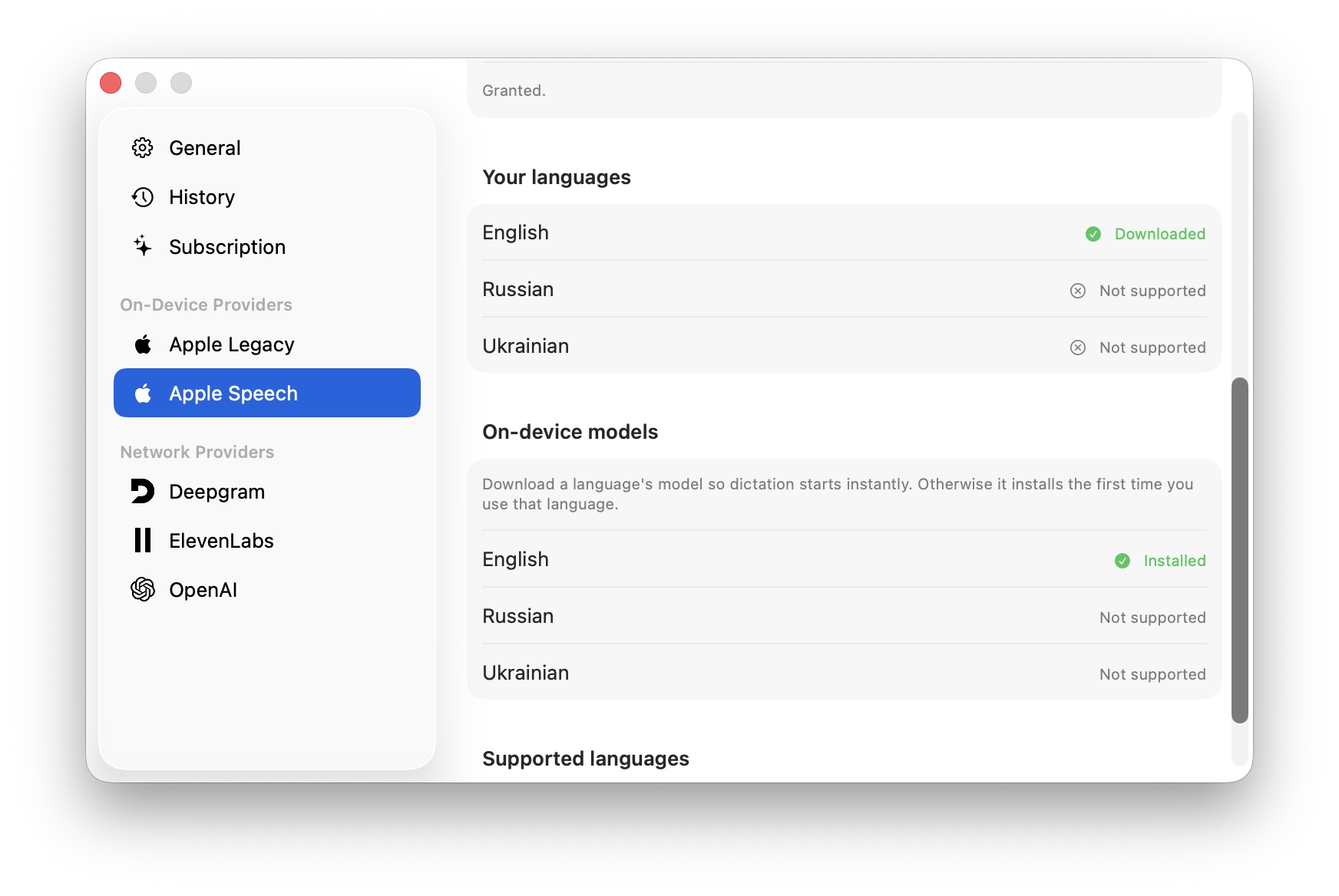 VTT settings showing on-device Apple Speech model downloads per language